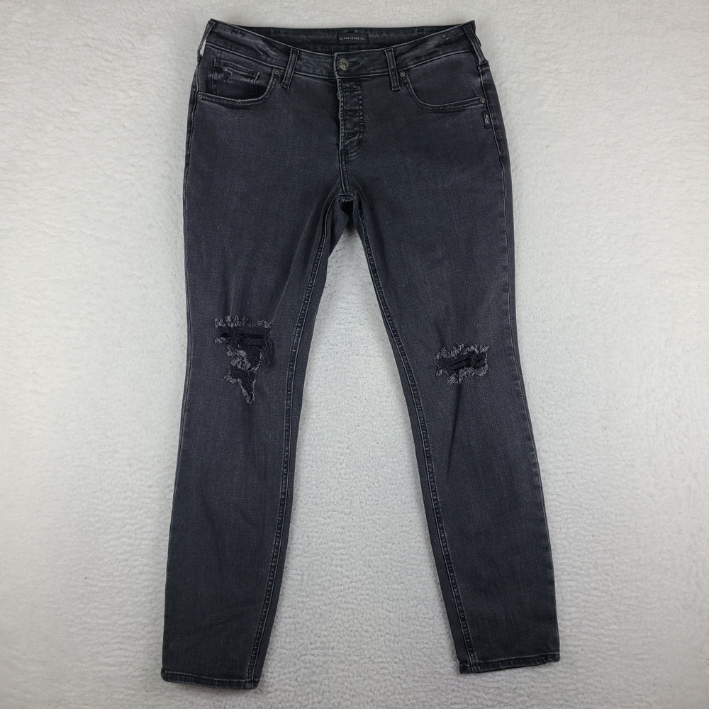 Silver Jeans Womens 32x29 Gray Boyfriend Button Fly Distress Dark‎ Wash Denim